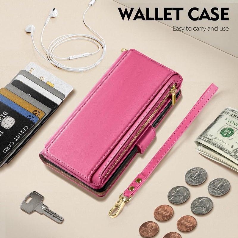 Antsturdy Compatible with iPhone 16 Pro Max Wallet Case,RFID Blocking PU Leather Phone Case Women Men Kickstand flip Cover Wrist Strap Zipper Credit Card Holder Slots for Apple 16 ProMax,Hot Pink - Image 2